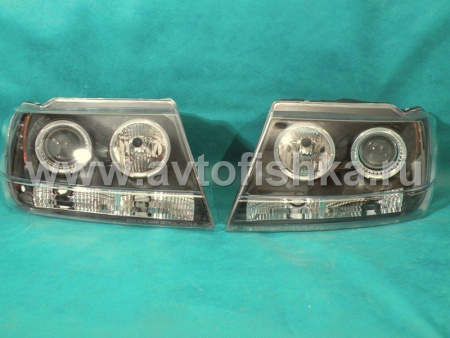 Jeep Grand Cherokee (99-04) передние фары линзовые черные, со светящимися ободками, комплект 2 шт.