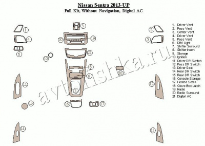 Декоративные накладки салона Nissan Sentra 2013-н.в. без навигации, климат-контроль.