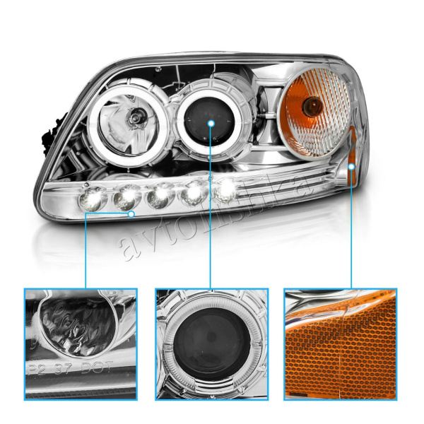 Ford Expedition (96-03) фары передние линзовые хромированные, со светящимися ободками и светодиодной подсветкой, комплект 2 шт.