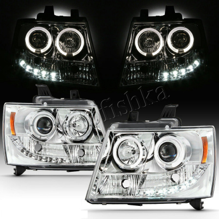 Chevrolet Tahoe (07-), Avalanche (07-) фары передние линзовые хромированные, со светящимися ободками и светодиодной подсветкой, комплект 2 шт.