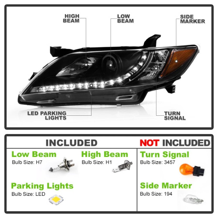 Toyota Camry XV40 дорестайл (2006-2009) тюнинговые передние черные фары со светодиодной подсветкой ДХО