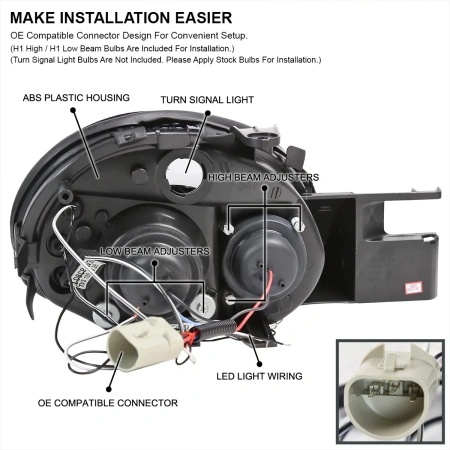 Dodge Neon (03-05) фары передние линзовые черные, со светящимися ободками и светодиодной подсветкой, комплект 2 шт.