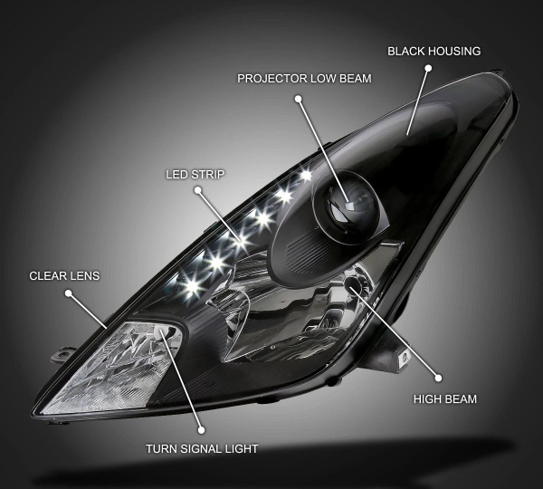 Toyota Celica 2000-2005 фары линзованные передние черные, с DRL ходовыми огнями