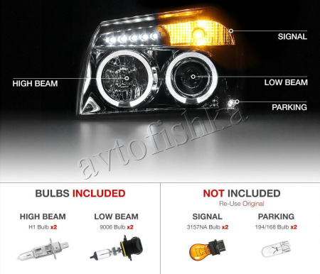 Dodge Magnum (05-08) фары передние линзовые хромированные, со светящимися ободками и светодиодной подсветкой, комплект 2 шт.