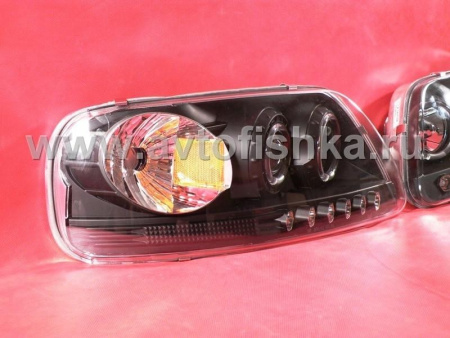 Ford F150, Expedition (96-03) фары передние линзовые черные, со светящимися ободками и светодиодной подсветкой, комплект 2 шт.