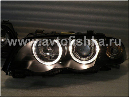 BMW 3 E46 (98-01) 4 дв. фары передние линзовые черные, со светящимися ободками, с поворотниками, комплект лев.+прав.