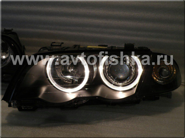 BMW 3 E46 (98-01) 4 дв. фары передние линзовые черные, со светящимися ободками, с поворотниками, комплект лев.+прав.