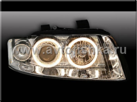 Audi A4 (01-04) фары передние линзовые хромированные, со светящимися ободками, под ксенон и корректор, комплект 2 шт.