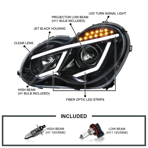 Mercedes C-class W203 (00-07) фары передние линзовые черные, светодиодные 