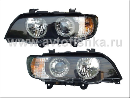BMW X5 (98-03) фары передние линзовые черные со светящимися ободками, с моторами электрокорректора, комплект 2 шт.
