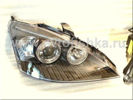 Ford Focus 1 (98-04) Europe+USA передние фары линзовые черные, со светящимися ободками, комплект 2 шт.