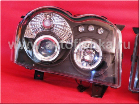 Jeep Grand Cherokee (04-07) фары передние линзовые черные, со светящимися ободками CCFL и светодиодами, комплект 2 шт.