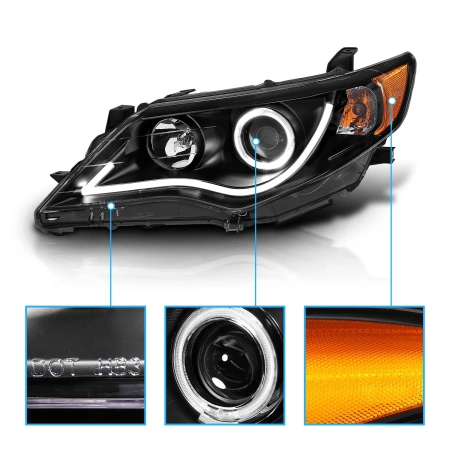 Toyota Camry XV50 дорестайл (2012-2014) передние тюнинговые черные линзовые фары со светодиодной подсветкой в стиле Audi