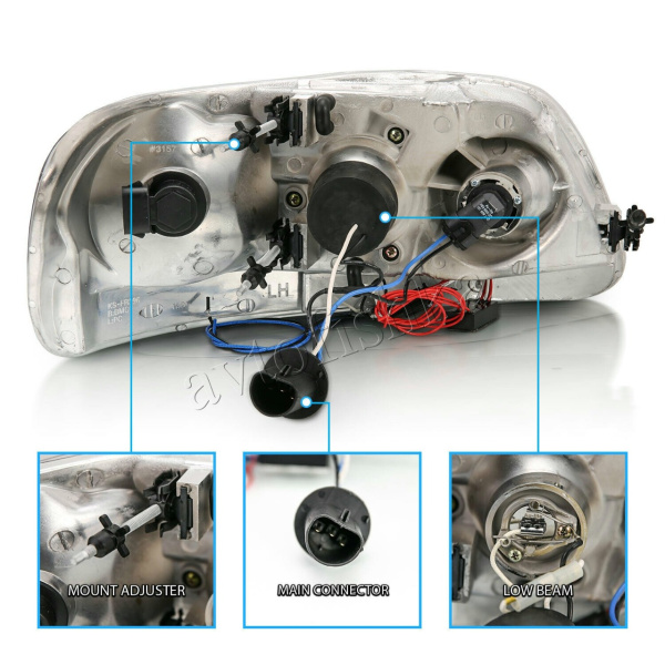 Ford Expedition (96-03) фары передние линзовые хромированные, со светящимися ободками и светодиодной подсветкой, комплект 2 шт.