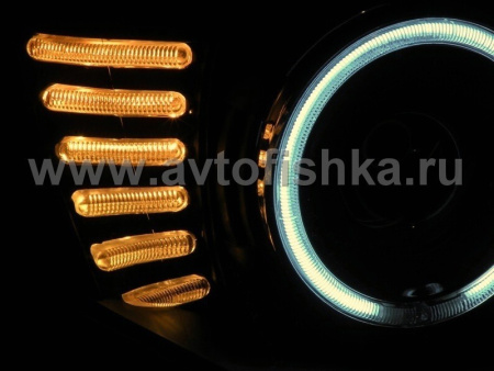 Mitsubishi L200 Triton (2005-) передние фары линзовые со светящимися ободками, черные, комплект 2 шт.