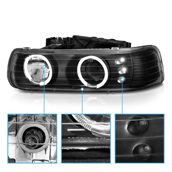 Chevrolet Tahoe C10 (1999-2006) черные передние фары со светящимися ободками, тюнинг