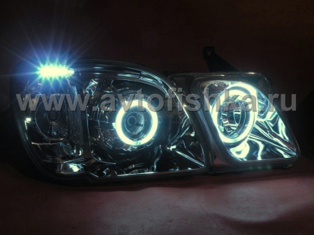 Lexus LX470 (1998-2007) фары передние линзовые хромированные, со светящимися ободками, комплект 2 шт