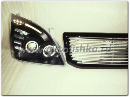 Toyota Land Cruiser Prado 120 (2002-2009) фары передние линзовые черные, со светящимися ободками и светодиодами, с двумя линзами, комплект 2 шт.