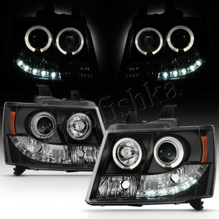 Chevrolet Tahoe (07-), Avalanche (07-) фары передние линзовые черные, со светящимися ободками и светодиодной подсветкой