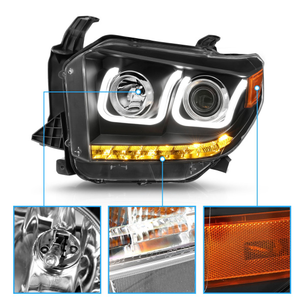 Toyota Tundra (2014-2017) передние фары чёрные с U-образным LED и квадратным проектором (Switchback)