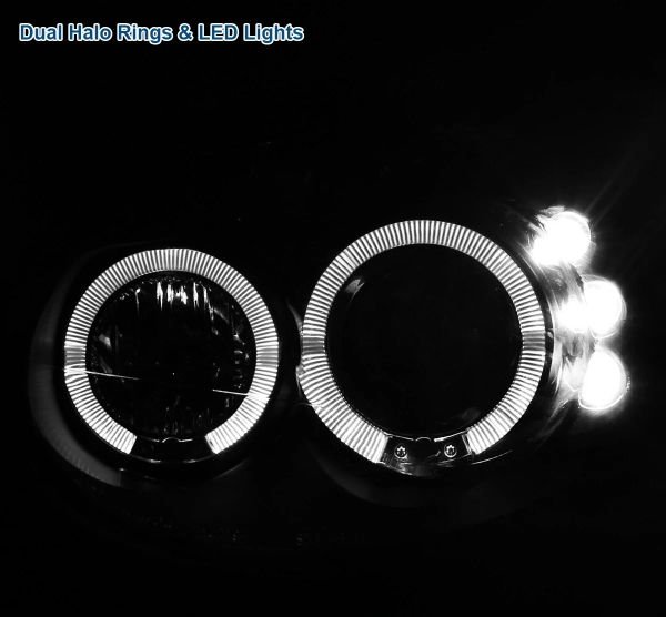 Dodge Neon (03-05) фары передние линзовые черные, со светящимися ободками и светодиодной подсветкой, комплект 2 шт.