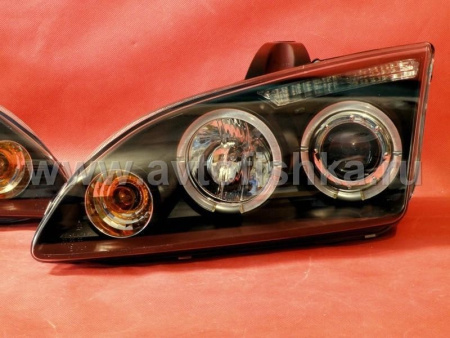 Ford Focus 2 (05-07) передние линзовые черные фары, со светящимися ободками, комплект 2 шт.