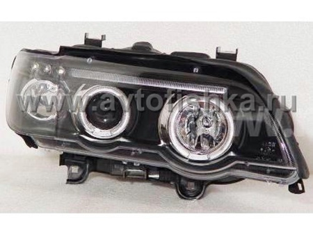 BMW X5 E53 (98-03) фары передние черные, со светящимися ободками, линзовые