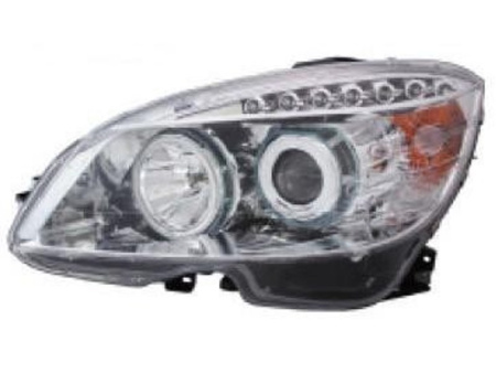 Mercedes C-class W204 (07-11) фары передние линзовые хромированные, со светящимися ободками, с моторами электрокорректора