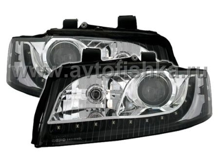 Audi A4 (01-04) фары передние линзовые черные, со светодиодной подсветкой, под электрокорректор, комплект 2 шт.