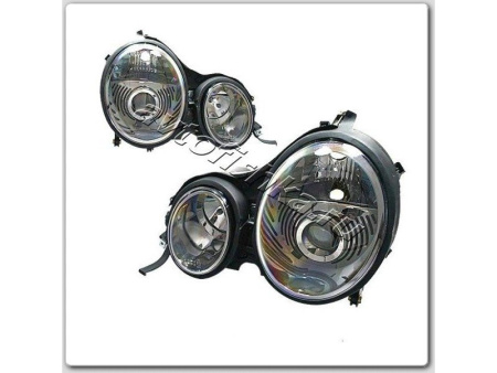 Mercedes E W210 (95-99) фары передние линзовые хромированные под титан с перфорацией, дизайн AMG, комплект 2 шт.