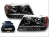 Jeep Grand Cherokee (99-04) фары линзовые передние черные, со светящимися ободками, комплект 2 шт.