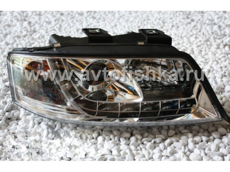 Audi A6 (01-03) фары передние линзовые хромированные, со светодиодной подсветкой, комплект 2 шт.
