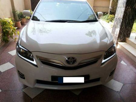 Toyota Camry V40 (09-11) фары передние линзовые черные, с дневными ходовыми огнями, в стиле LEXUS, комплект 2 шт.