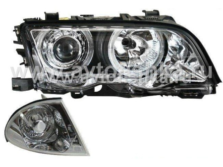 BMW 3 E46 (98-01) 4 дв. седан фары передние хромированные, со светящимися ободками, с регулирующим мотором, комплект 2 шт.