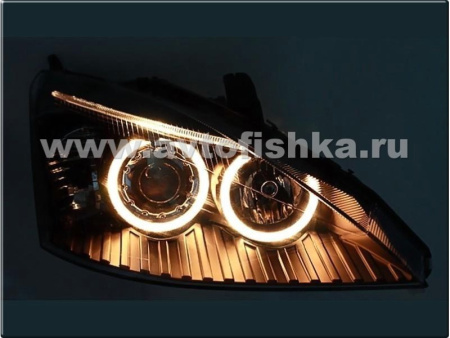 Ford Focus 1 (98-04) Europe+USA передние фары линзовые черные, со светящимися ободками, комплект 2 шт.