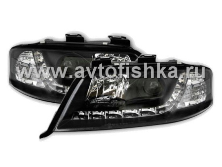 Audi A6 (01-03) фары передние линзовые черные, со светодиодной подсветкой, комплект 2 шт.