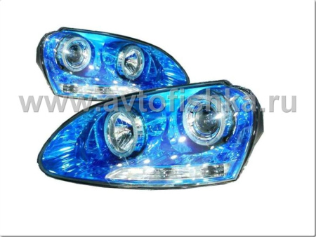 Volkswagen Golf 5 (03-09) фары передние линзовые голубые, со светящимися ободками, по корректор, комплект 2 шт.