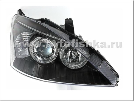 Ford Focus 1 (98-04) Europe+USA передние фары линзовые черные, со светящимися ободками, комплект 2 шт.