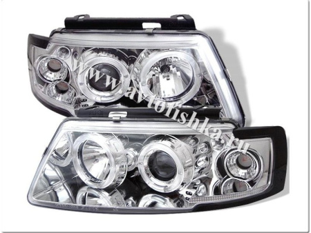 Volkswagen Passat B5 (97-00) фары передние линзовые хромированные, со светящимися ободками, комплект 2 шт.