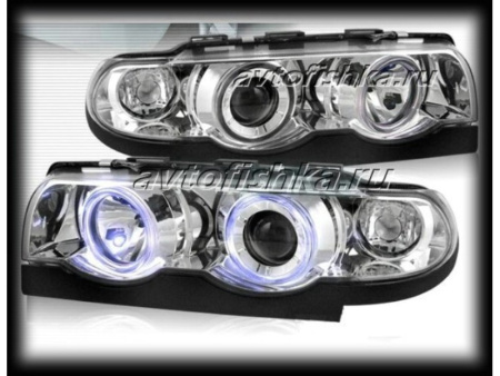 BMW 7 E38 (95-98) фары передние линзовые хромированные, со светящимимся ободками, с белыми поворотниками, комплект 2 шт.