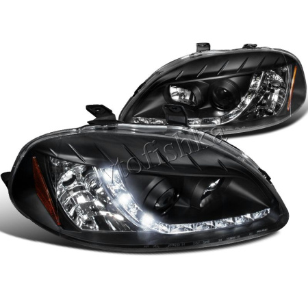 Honda Civic, Ferio EK (96-98) фары передние черные с белыми рефлекторами, линзовые с DRL