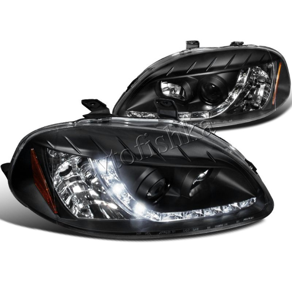 Honda Civic, Ferio EK (96-98) фары передние черные с белыми рефлекторами, линзовые с DRL