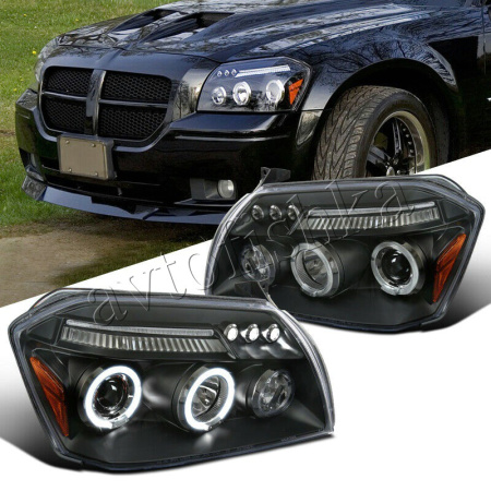 Dodge Magnum (05-08) фары передние линзовые черные, со светящимися ободками и светодиодной подсветкой, комплект 2 шт.