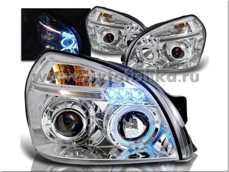 Hyundai Tucson (04-) фары передние хромированные, со светящимися ободками и светодиодным габаритными огнями, комплект 2 шт.