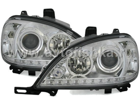 Mercedes ML W163 (98-05) фары передние линзовые хромированные, со светящимися ободками и с нижней светодиодной подсветкой, с мотором электрокорректора, комплект 2 шт.