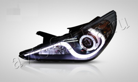 Hyundai Sonata (10-14) линзовые передние черные фары, со светящимися ободками и подсветкой DRL, комплект 2 шт.