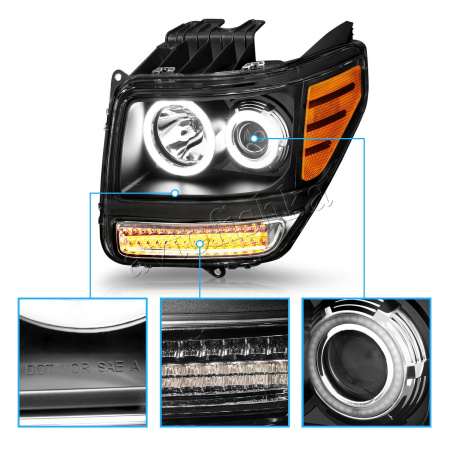 Dodge Nitro (07-) фары передние линзовые черные, со светящимися ободками и светодиодной подсветкой, комплект 2 шт.