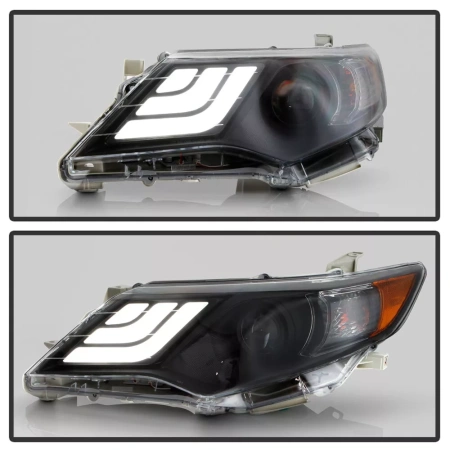 Toyota Camry XV50 дорестайл (2012-2014) передние тюнинговые черные линзовые фары со светодиодной подсветкой в стиле Volkswagen