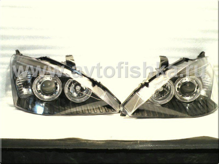 Ford Focus 1 (98-04) Europe+USA передние фары линзовые черные, со светящимися ободками, комплект 2 шт.