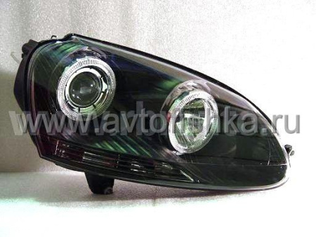 Volkswagen Golf 5 (03-) фары передние линзовые черные, со светящимися ободками, под корректор, комплект 2 шт.